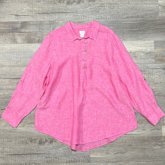 Sigrid Olsen 1X Linen Mandarin Collar Half Button Beach Tunic Top Pink Coastal - Picture 1 of 7